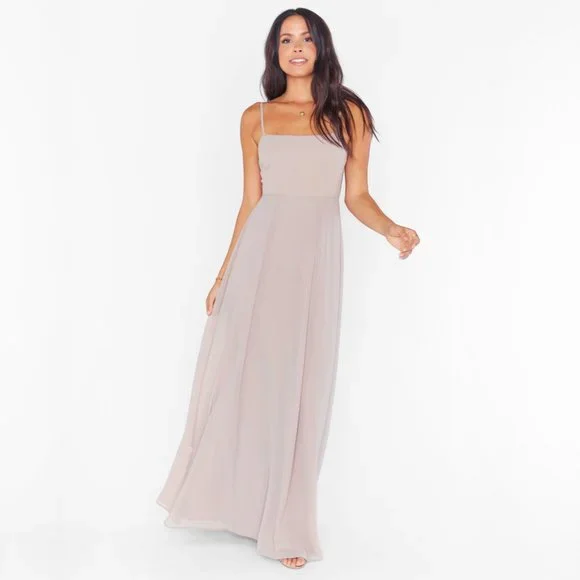 Show Me Your Mumu Lauren Tie Back Dove Grey Chiffon Bridesmaid Maxi Dress - Picture 2 of 16